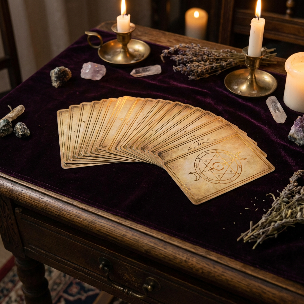 Fanned tarot cards on a purple velvet table with candles, crystals, and dried lavender.