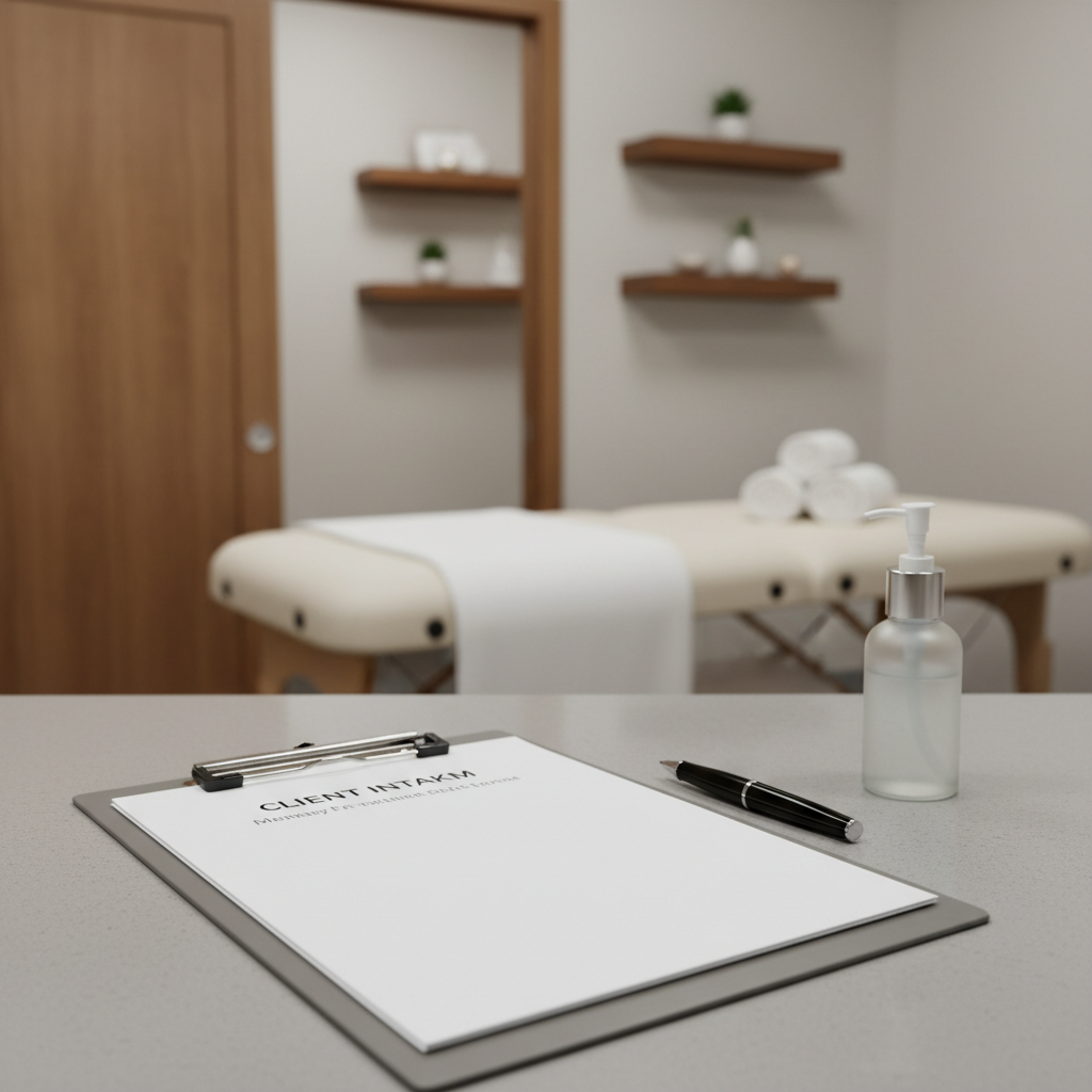 A professional wellness intake station showcasing a stack of crisp, white client intake forms on a brushed metal clipboard, a fine-tip black pen aligned perfectly beside it, and a small, frosted glass bottle of hand sanitizer on a smooth, gray quartz countertop. In the background, a subtle blur reveals a massage room doorway with a precisely made table and evenly spaced wall-mounted shelves. Neutral, overhead lighting creates even illumination with soft, controlled shadows, emphasizing order and cleanliness. Photographic, corporate aesthetic with balanced composition and sharp focus, conveying trust, compliance, and a methodical approach to massage therapy and holistic healing services.