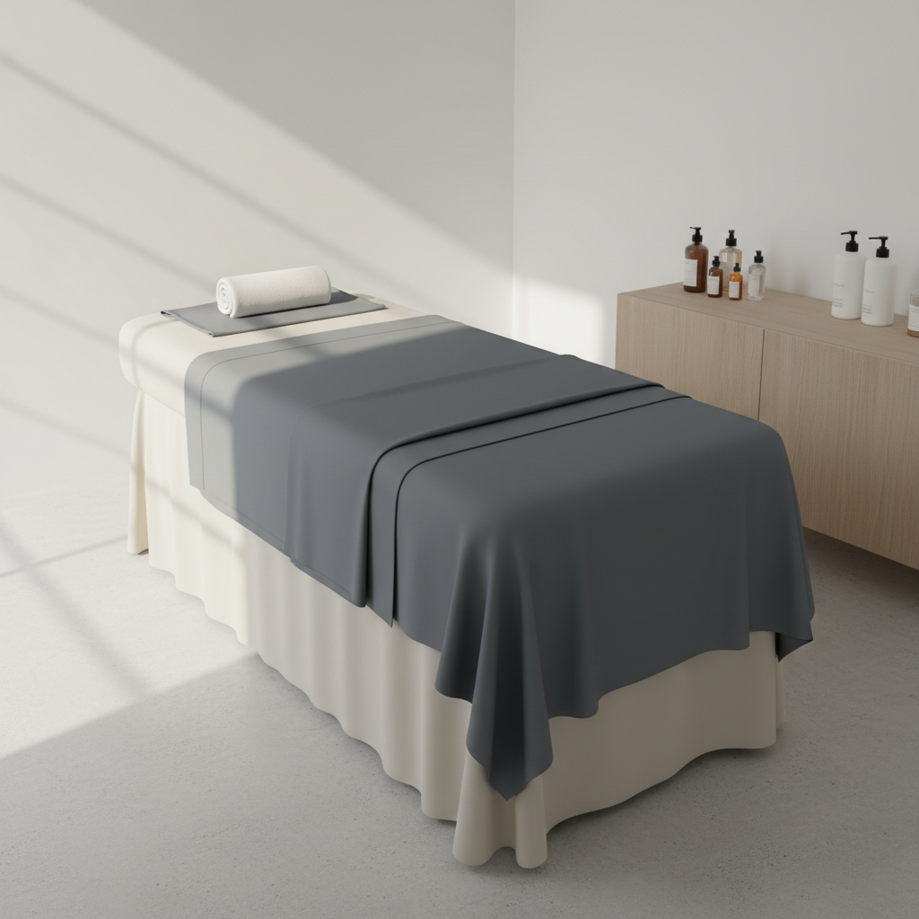A neatly folded, slate-gray massage sheet set arranged on a wide, padded massage table with a smooth, cream-colored vinyl surface, accented by a single rolled white towel at the head. The table stands in a minimalist treatment room with clean white walls, a low wooden cabinet, and neatly organized bottles of massage oil and lotion. Soft, diffused daylight enters from an unseen window, creating gentle, linear shadows that emphasize clean lines and a corporate, professional feel. Photographic realism, eye-level composition, wide frame with sharp focus throughout, conveying calm, trust, and clinical-level professionalism suitable for a wellness-oriented business website.