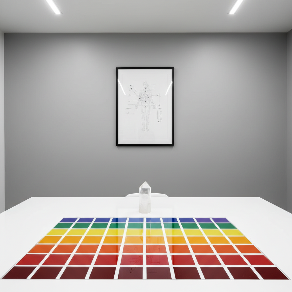 A meticulously organized energy work consultation space featuring a sleek, white laminate desk with sharp edges, a structured grid of chakra-colored glass tiles embedded into the surface, and a single clear quartz point positioned precisely at the center. Behind the desk, a neutral gray wall displays a minimalistic, monochrome diagram of the human energy system printed on matte paper within a thin black frame. Cool, indirect LED lighting from above creates a gentle gradient on the wall and crisp reflections on the desk. Photographic realism at eye level with a medium-wide composition reinforces a calm, analytical, and professional approach to energy work within a corporate-style wellness practice.