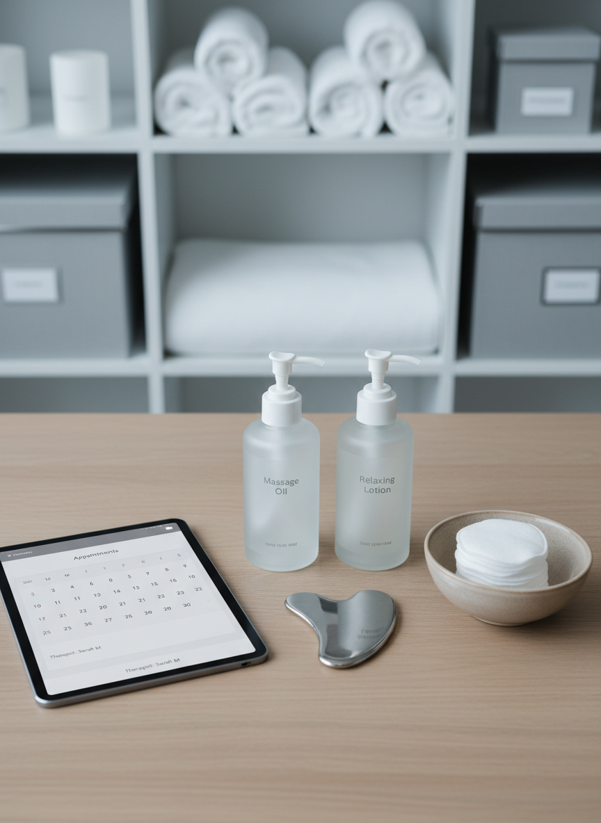 An orderly arrangement of massage therapy tools on a light oak desktop: two frosted glass pump bottles labeled in subtle gray text, a polished stainless steel massage tool, a neutral-toned ceramic bowl with neatly folded cotton pads, and a digital appointment tablet displaying a clean, modern scheduling interface. The background features a blurred, structured shelving unit holding perfectly aligned white towels and discretely labeled storage boxes. Cool, even studio lighting minimizes shadows, enhancing the corporate aesthetic and clean lines. Shot from a slightly elevated angle with balanced composition, the photographic image communicates organization, efficiency, and high-end professional service for a massage therapy business.