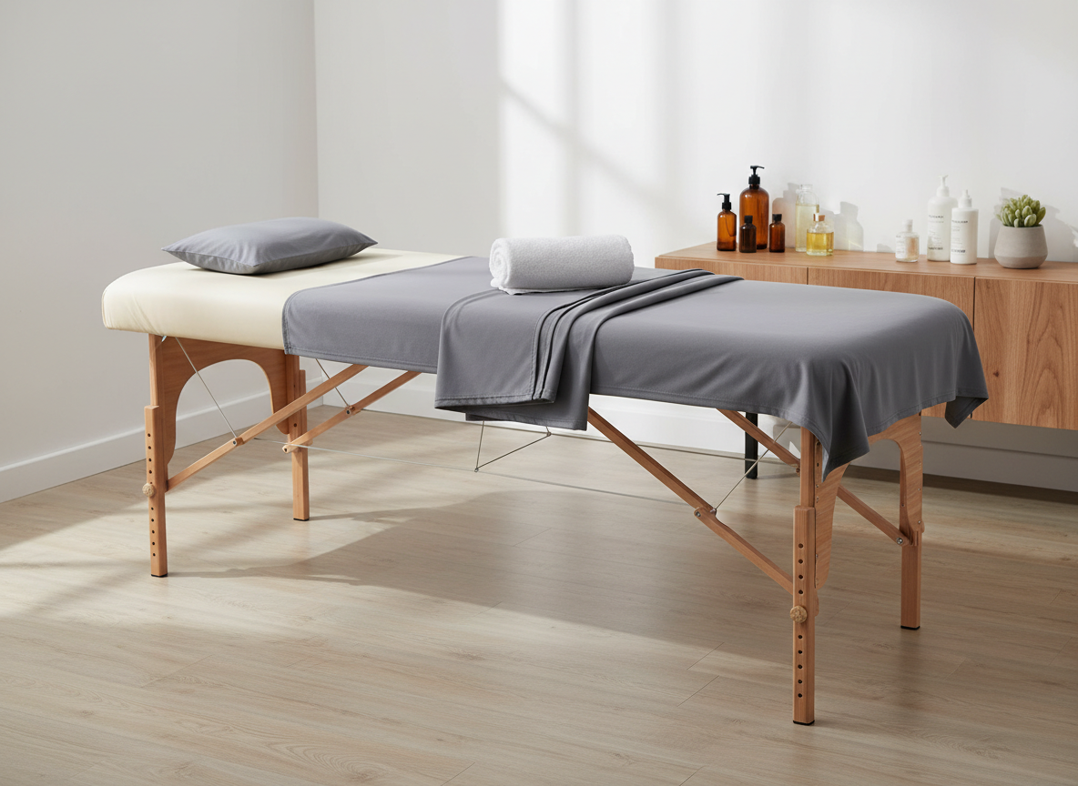 A neatly folded, slate-gray massage sheet set arranged on a wide, padded massage table with a smooth, cream-colored vinyl surface, accented by a single rolled white towel at the head. The table stands in a minimalist treatment room with clean white walls, a low wooden cabinet, and neatly organized bottles of massage oil and lotion. Soft, diffused daylight enters from an unseen window, creating gentle, linear shadows that emphasize clean lines and a corporate, professional feel. Photographic realism, eye-level composition, wide frame with sharp focus throughout, conveying calm, trust, and clinical-level professionalism suitable for a wellness-oriented business website.