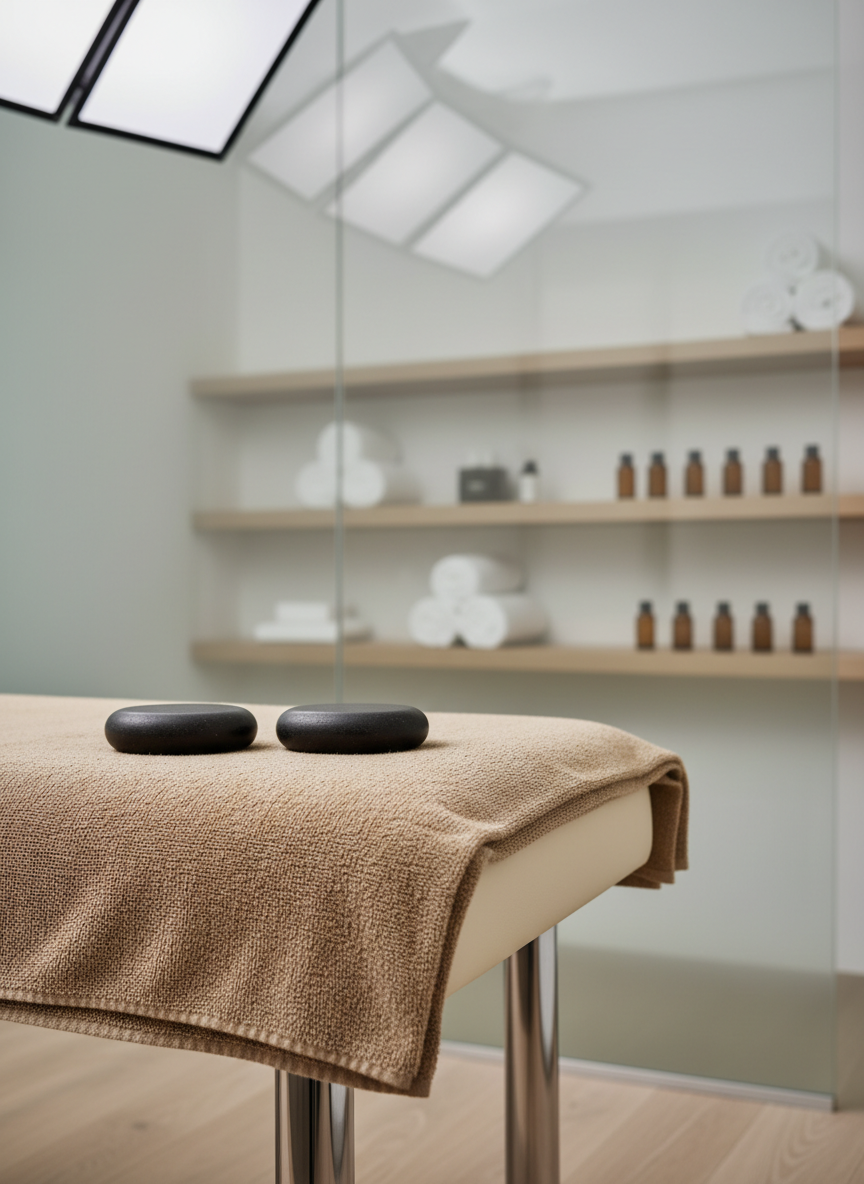 A close-up, photographic view of a pair of smooth basalt massage stones resting on a folded, sand-colored towel atop a rigid, professional massage table with strong metal legs. Behind them, a frosted glass partition and a minimalist shelving unit with uniformly stacked towels and neatly arranged amber oil bottles create a structured spa environment. Soft, overhead studio lighting casts subtle reflections on the stones’ matte-black surfaces and adds definition to the towel’s texture. The composition follows the rule of thirds with shallow depth of field, producing a calm, focused atmosphere that highlights therapeutic precision and holistic wellness in a clean, modern setting.